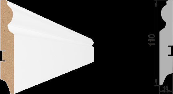 Напольный плинтус МДФ STELLA 110C Белый - Предназначен для внутренней декоративной отделки жилых и общественных помещений, используется для скрытия неровных краев в местах стыка между стеной и напольным покрытием. Есть возможность окраски плинтуса. Размеры: 70*2000*16мм