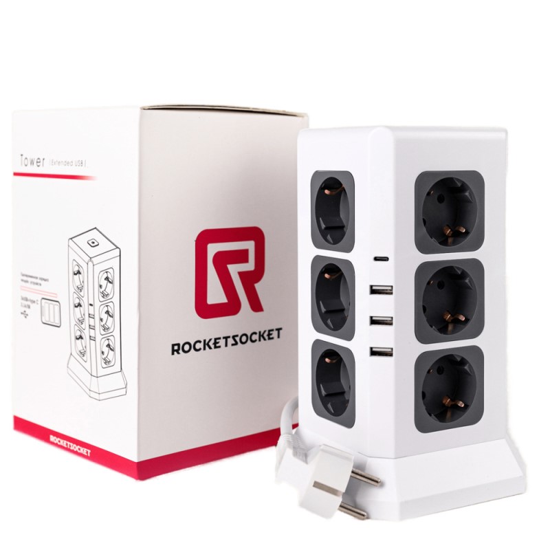  Tower Extended 12 Euro RocketSocket -  RocketSocket Tower Extended 12 Euro 16A, 4 USB 3A+C   5/3.4,  2,0 .  : 3680 .